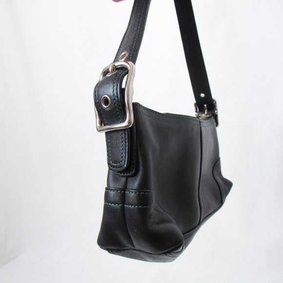 VINTAGE 90S COACH Leather Satchel Mini /Black W/ Green Stitching Chic & Sleek~ - Picture 3 of 11